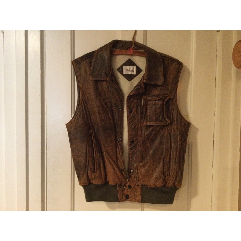 Vintage Adam Spencer Biker Western Mens Sherpa Lined Brown Leather Vest - Medium